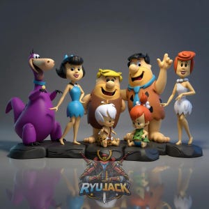 May include: A set of Flintstones character figurines including Dino, Betty, Barney, Fred, Pebbles, Bamm-Bamm, and Wilma standing on a dark stone-like base. The logo RYUJACK is printed in the foreground. The figures feature their iconic outfits.