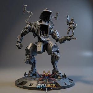 May include: A gray unpainted resin model kit of a bipedal mechanical robot with an open cockpit and two articulated shoulder arms. A small soldier figure stands on the robot's left hand. The base features the text RYUJACK with a samurai logo.