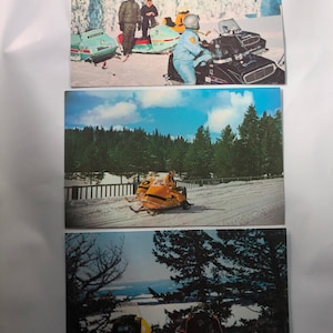 Vintage Snow Machine West Yellowstone Montana Invierno Nueva postal dos Top Lote de tres EE.UU. sin contabilizar hecho