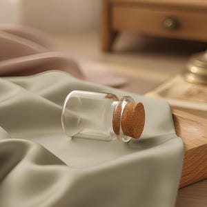 May include: A small, clear glass bottle with a cylindrical body and a wide opening, sealed with a light brown, textured cork stopper. The bottle is positioned horizontally on a smooth, sage green fabric surface with soft, flowing folds.