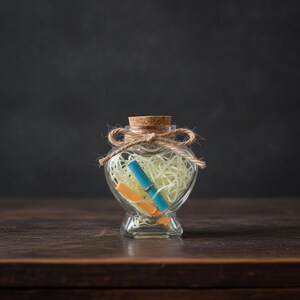 May include: A heart-shaped glass bottle with a cork stopper, tied with a brown twine bow. Inside the clear glass container, there is light-colored shredded paper filler, one blue rolled paper scroll, and one orange rolled paper scroll.