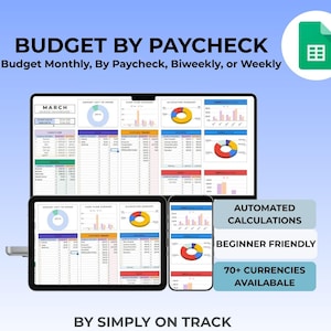 Hoja de cálculo de presupuesto por nómina para Google Sheets: seguimiento de gastos semanales, quincenales y mensuales, y planificador financiero.