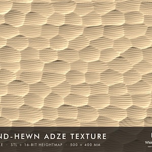 May include: A light beige surface featuring a repeating hand-hewn adze texture with organic, rounded shapes. The bottom banner displays the text: HAND-HEWN ADZE TEXTURE, CNC FILE, STL + 16-BIT HEIGHTMAP, 500 x 400 MM, and White Nordic LV.