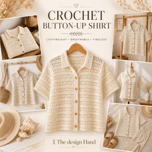 May include: A cream-colored crochet button-up shirt with short sleeves, a collared neckline, and five round buttons down the front. The shirt features a repeating open-knit pattern throughout. The text CROCHET BUTTON-UP SHIRT is visible.
