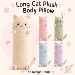 May include: Five long cat plush body pillows in cream, pink, sage green, light blue, and lavender. Each cylindrical pillow features a crocheted texture, small ears, embroidered facial features, two front paws, and a curved tail at the base.