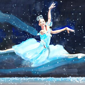 May include: A ballerina in a blue tutu leaps through the air, her arms outstretched, against a dark blue background with white snowflakes. The ballerina is wearing a crown and her hair is pulled back. The image is painted in watercolour.