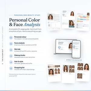 May include: A digital document titled Personal Color & Face Analysis, featuring a 20-page guide with sections for personal color, face analysis, skin lab, makeup looks, hair and style, and a shopping list, displayed on a laptop and smartphone.