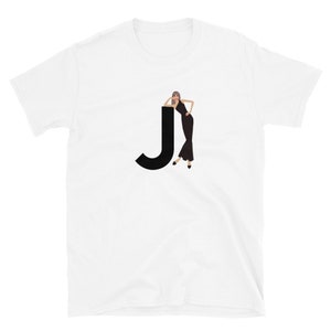 letra, J, diseño del alfabeto, Mujer de la A a la Z, moda, boceto, ilustración, sexy, arte, diseñador, camiseta unisex de manga corta