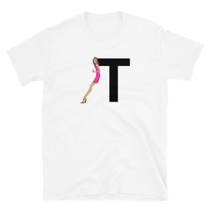 letra, T, design de alfabeto, feminino de A a Z, moda, esboço, ilustração, sexy, arte, designer, camiseta unissex de manga curta