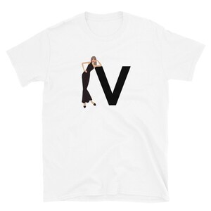 letra, V, design de alfabeto, feminino de A a Z, moda, esboço, ilustração, sexy, arte, designer, camiseta unissex de manga curta