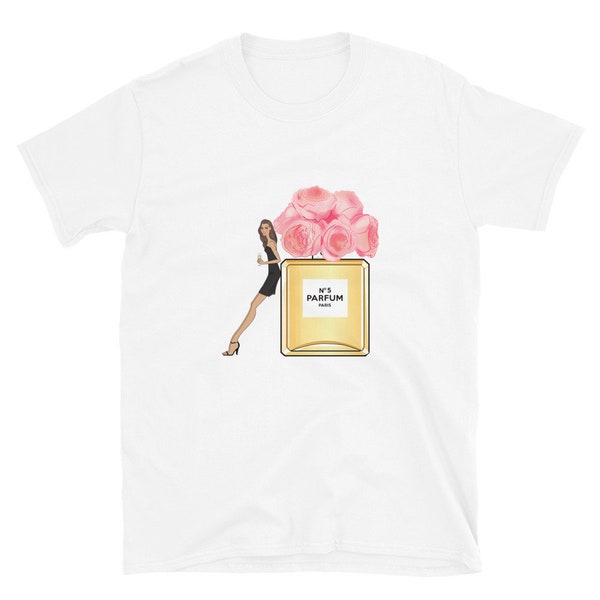 Glam Fashion tee, art,Designer perfume bottle,Paris wall art, Flower, peonies, Perfume, bottle, parfum, illustration, pink, girl, beautiful