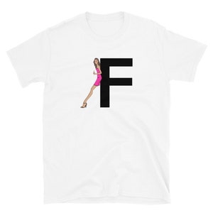 letra, F, design de alfabeto, feminino de A a Z, moda, esboço, ilustração, sexy, arte, designer, camiseta unissex de manga curta