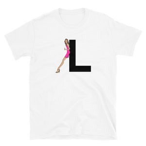 carta, L, diseño del alfabeto, mujer de la A a la Z, moda, boceto, ilustración, sexy, arte, diseñador, camiseta unisex de manga corta