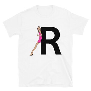 letra, R, design de alfabeto, feminino de A a Z, moda, esboço, ilustração, sexy, arte, designer, camiseta unissex de manga curta