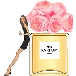 May include: Illustration of a woman in a black dress holding a champagne glass, leaning against a large perfume bottle. The bottle is gold with a white label that reads "N&deg;5 PARFUM PARIS." Pink roses are above the bottle.