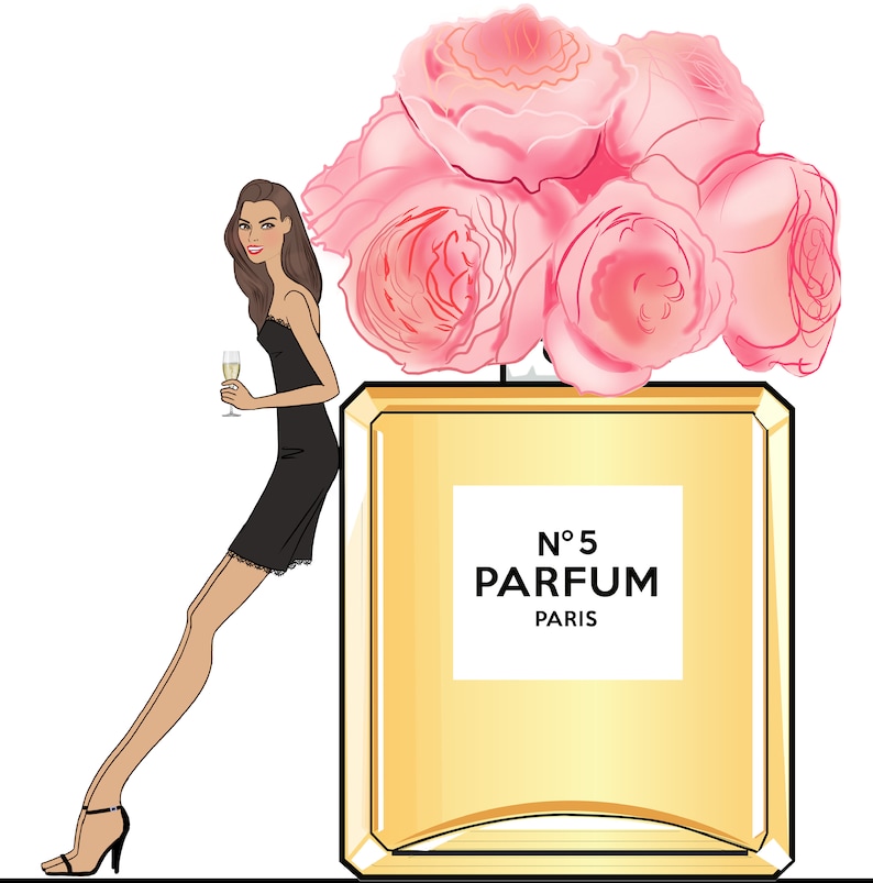 May include: Illustration of a woman in a black dress holding a champagne glass, leaning against a large perfume bottle. The bottle is gold with a white label that reads "N&deg;5 PARFUM PARIS." Pink roses are above the bottle.