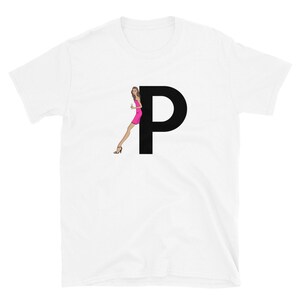 letra, P, design de alfabeto, feminino de A a Z, moda, esboço, ilustração, sexy, arte, designer, camiseta unissex de manga curta