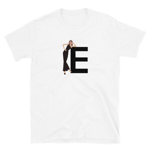 letra, E, design de alfabeto, feminino de A a Z, moda, esboço, ilustração, sexy, arte, designer, camiseta unissex de manga curta
