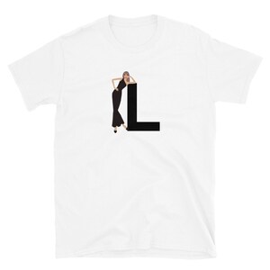 letra, L, design de alfabeto, feminino de A a Z, moda, esboço, ilustração, sexy, arte, designer, camiseta unissex de manga curta