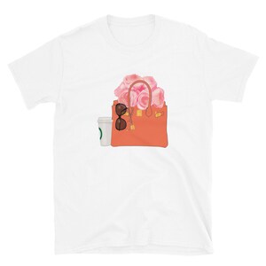 Orange. Designer, Handtasche, Kaffee, Pfingstrosen, Blumen, rosa, Illustration, Geschenk für sie, Kaffee, Liebhaber, T-Shirt