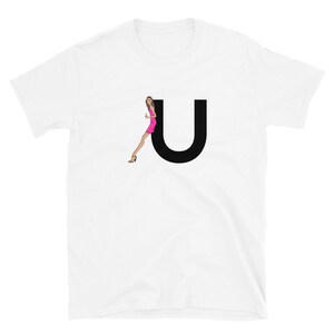 letra, U, design de alfabeto, feminino de A a Z, moda, esboço, ilustração, sexy, arte, designer, camiseta unissex de manga curta