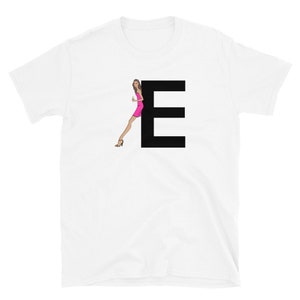letra, E, design de alfabeto, feminino de A a Z, moda, esboço, ilustração, sexy, arte, designer, camiseta unissex de manga curta
