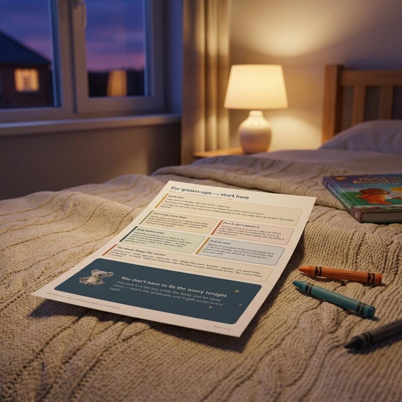 May include: A white informational sheet titled For grown-ups &mdash; start here with text sections and a dark blue footer featuring a koala illustration and the text You don't have to fix the worry tonight. Three crayons in orange, blue, and grey lie nearby.