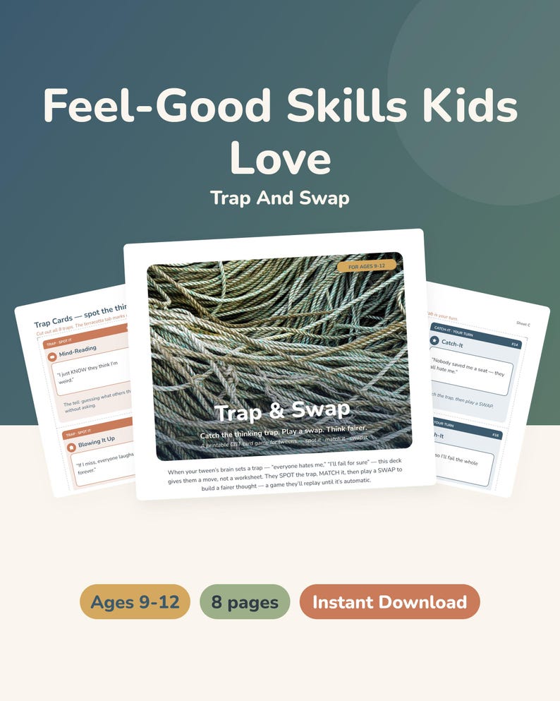 Thinking Traps Card Game for Tweens 9-12, Printable CBT Deck, Cognitive Distortion Coping Cards image 1