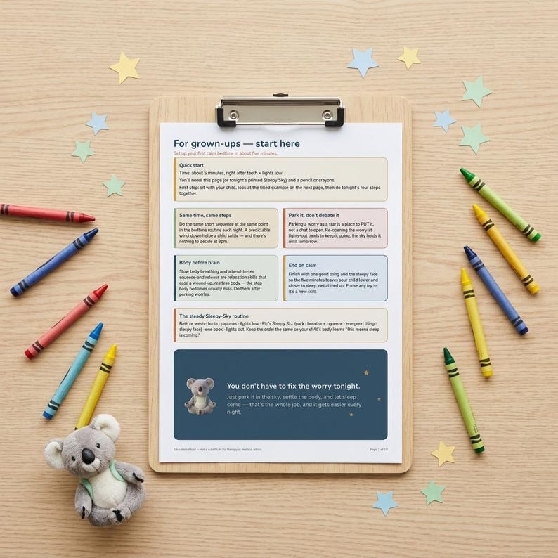 May include: A clipboard holding a printed instructional sheet titled For grown-ups&mdash;start here, surrounded by colourful crayons and small star cutouts. A small plush koala sits near the bottom left, and the text includes sections on bedtime routines.