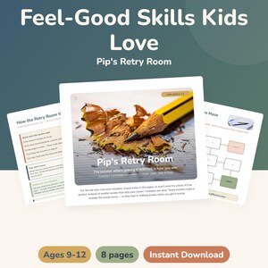 May include: An 8-page printable activity set titled Pip's Retry Room for ages 9-12. The cover features a yellow pencil and wood shavings. The pages include instructions for grown-ups, a maze, and text stating, The puzzles where getting it WRONG is how you win.