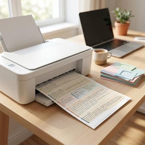 May include: A white inkjet printer sits on a wooden desk, outputting a printed document titled How to Play. The document features colorful rectangular sections with instructional text. A laptop, a ceramic mug, and a stack of pastel paper are nearby.