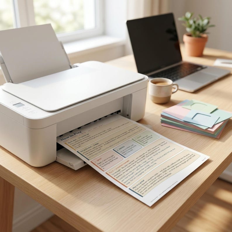 May include: A white inkjet printer sits on a wooden desk, outputting a printed document titled How to Play. The document features colorful rectangular sections with instructional text. A laptop, a ceramic mug, and a stack of pastel paper are nearby.