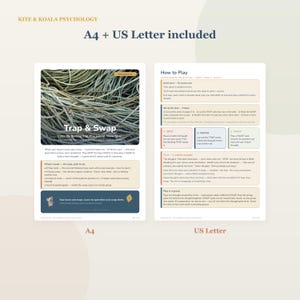 May include: A printable card game titled Trap & Swap by Kite & Koala Psychology, featuring instructions and game components on A4 and US Letter sheets. The design includes a tangled rope image, text explaining how to play, and a koala icon.