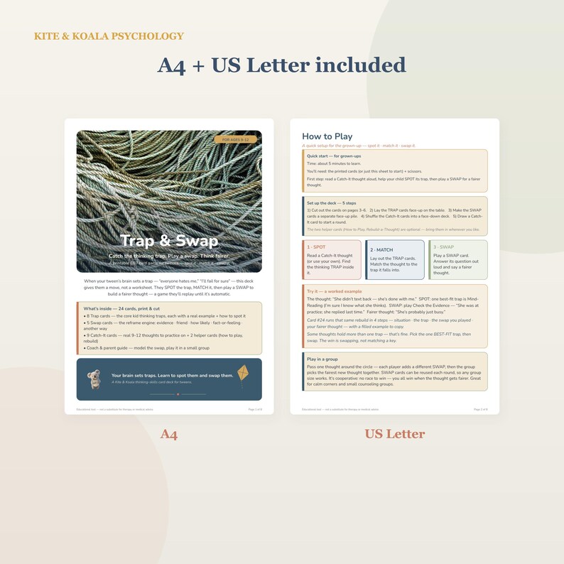 May include: A printable card game titled Trap & Swap by Kite & Koala Psychology, featuring instructions and game components on A4 and US Letter sheets. The design includes a tangled rope image, text explaining how to play, and a koala icon.