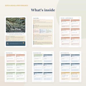 May include: A set of six instructional pages for the Kite & Koala Psychology game titled What's inside. The pages feature text, diagrams, and grids of Trap Cards, Swap & Catch-It Cards, and Catch-It & Helper Cards with various colored borders.