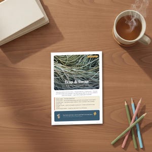 May include: A white rectangular card titled Trap & Swap featuring a photograph of tangled rope. The card lists game contents including 24 cards, 5 trap cards, 5 swap cards, 9 catch-it cards, and a coach and parent guide, with a small koala illustration.