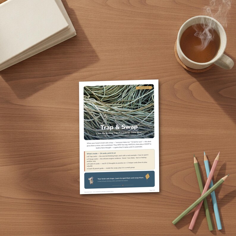 May include: A white rectangular card titled Trap & Swap featuring a photograph of tangled rope. The card lists game contents including 24 cards, 5 trap cards, 5 swap cards, 9 catch-it cards, and a coach and parent guide, with a small koala illustration.