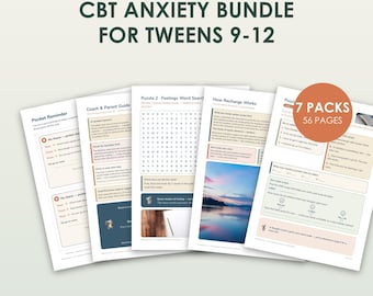 CBT Anxiety Bundle for Tweens 9-12, 7 Printable Packs, 56 Pages, Instant Download