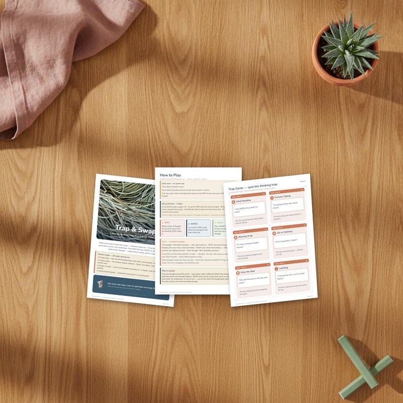 May include: Three printed game instruction sheets titled Trap & Swap, How to Play, and Trap Cards. The documents feature white backgrounds with black text, blue and orange headers, and a photograph of tangled wires on the first page.