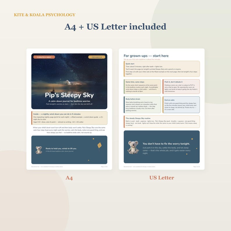 May include: A digital printable journal titled Pip's Sleepy Sky, featuring a dark night sky graphic, a koala illustration, and instructional text for bedtime routines. The document includes sections for A4 and US Letter paper sizes for children.