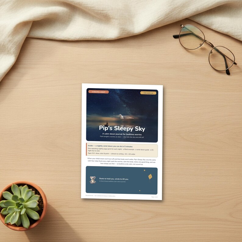 May include: A rectangular journal titled Pip's Sleepy Sky featuring a night sky photograph with a starry galaxy and a small boat on water. The cover includes text about a 5-minute nightly wind-down routine for children, with a small koala illustration.
