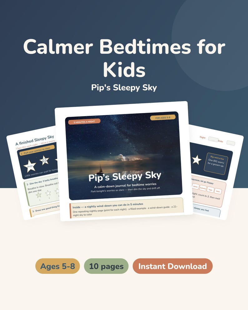 Bedtime Worry Journal for Kids 5-8, Sleepy Sky CBT Calm-Down Printable, Wind-Down Routine image 1