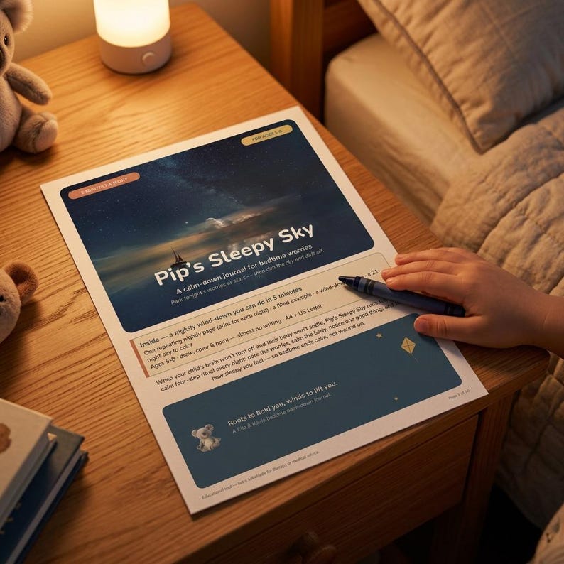 May include: A printed document titled Pip's Sleepy Sky, a calm-down journal for bedtime worries. The page features a night sky graphic, text descriptions of the journal's contents, and a small koala illustration. A dark blue crayon rests on the paper.