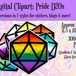 Może przedstawiać: Zestaw 18 cyfrowych obrazów clipart przedstawiających D20 w tęczowych kolorach dumy, każdy o wymiarach około 29,2 cm x 25,4 cm przy 300 dpi. Obrazy są dostępne w dwóch stylach: gradientowym i witrażowym.