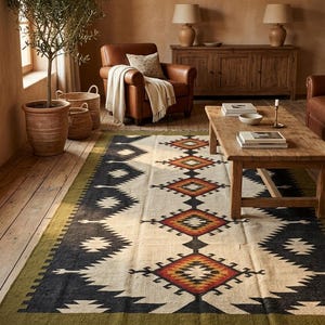 May include: A rectangular area rug featuring a geometric pattern in black, cream, orange, and yellow, bordered by a dark olive green edge and finished with fringe on the ends. The rug is placed on a wooden floor in a room setting.