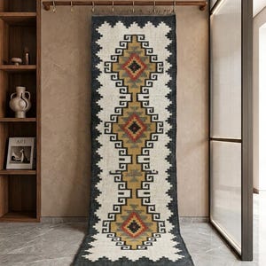 May include: A long, rectangular woven runner rug featuring a central geometric pattern in shades of mustard yellow, rust red, and charcoal gray on an off-white background. The rug has a dark gray border and fringed ends, hanging from a wooden rod.