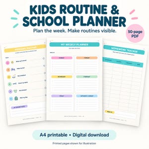 Op de afbeelding: Een 50-pagina tellende PDF-planner voor kinderen met een ochtendroutine-checklist, weekplanner en huiswerktracker. De drie printbare pagina's zijn ontworpen in pastelkleuren en bevatten duidelijke koppen en iconen voor dagelijkse taken.