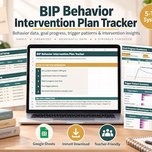 May include: A laptop displaying a BIP Behavior Intervention Plan Tracker spreadsheet with multiple dashboard views including goal progress, trigger patterns, and intervention effectiveness, alongside stacked books and a mug on a desk.