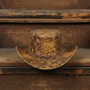 Golden Brown Python Print Cowboy Top Hat | Leather Western Hat with Braided Band | Steampunk Gothic Hat | Festival & Cosplay Hat
