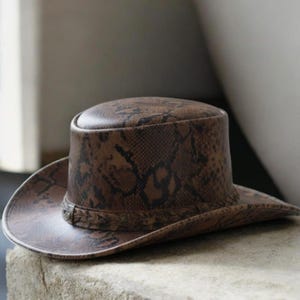 Brown Python Print Leather Cowboy Top Hat | Western Steampunk Gothic Costume Accessory